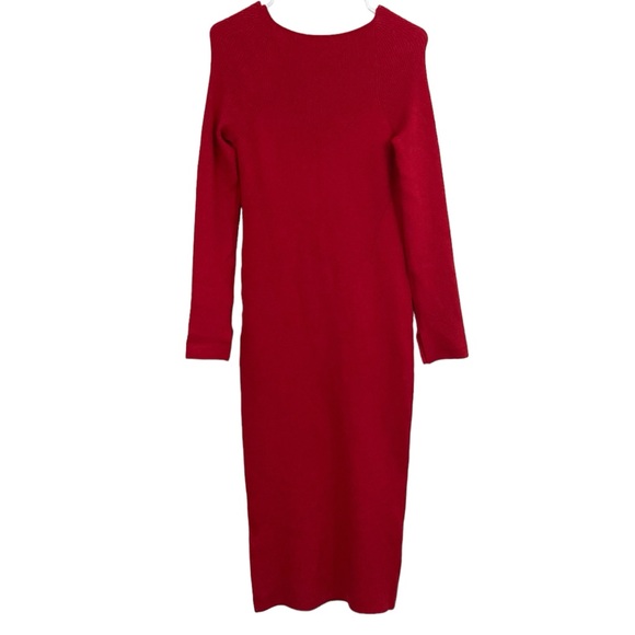 ELEVEN SIX RED RIBBED BODYCON SWEETHEART NECKLINE CASHMERE BLEND DRESS, LARGE - Picture 4 of 7
